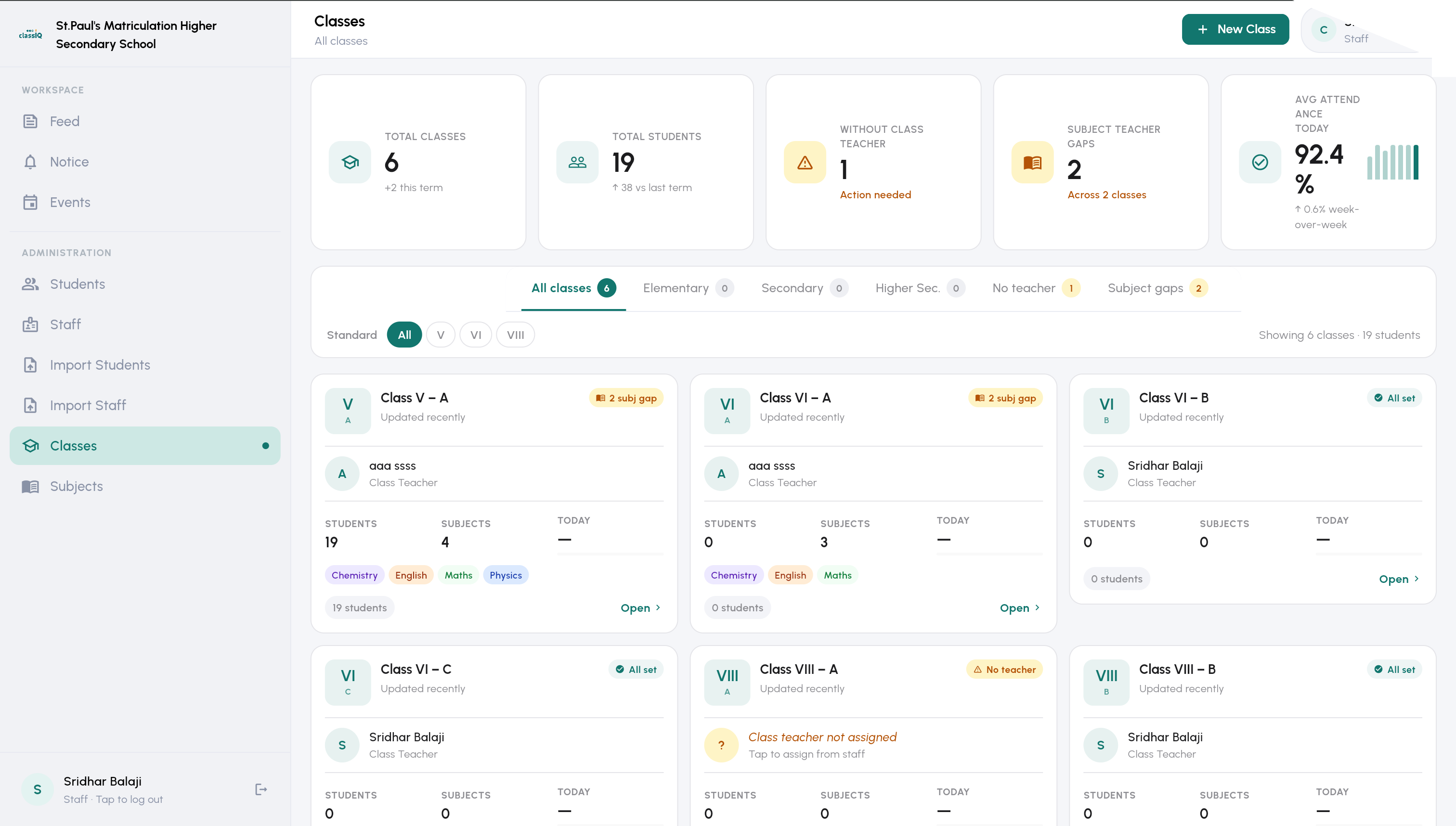 ClassIQ admin portal — Classes